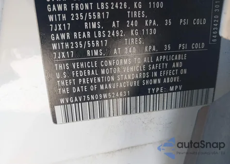 2009 Volkswagen Tiguan Se from USA, damaged, VIN WVGAV75N09W524631